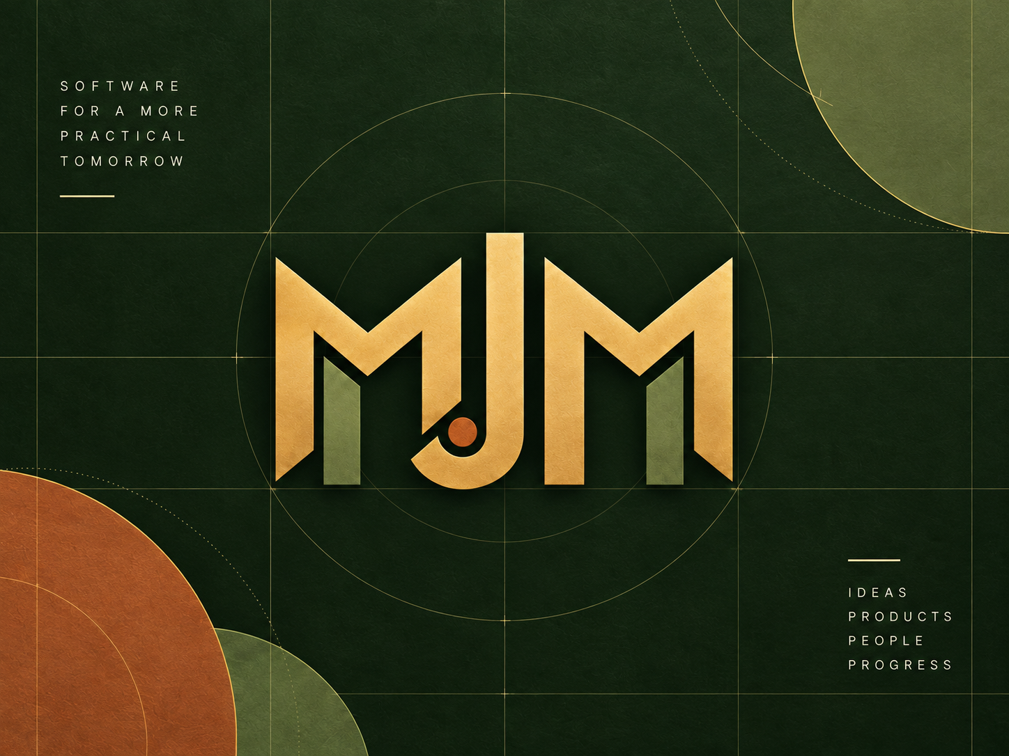 MJM SOFTWARE monogram on a forest engineering grid with gold, olive, and terracotta accents